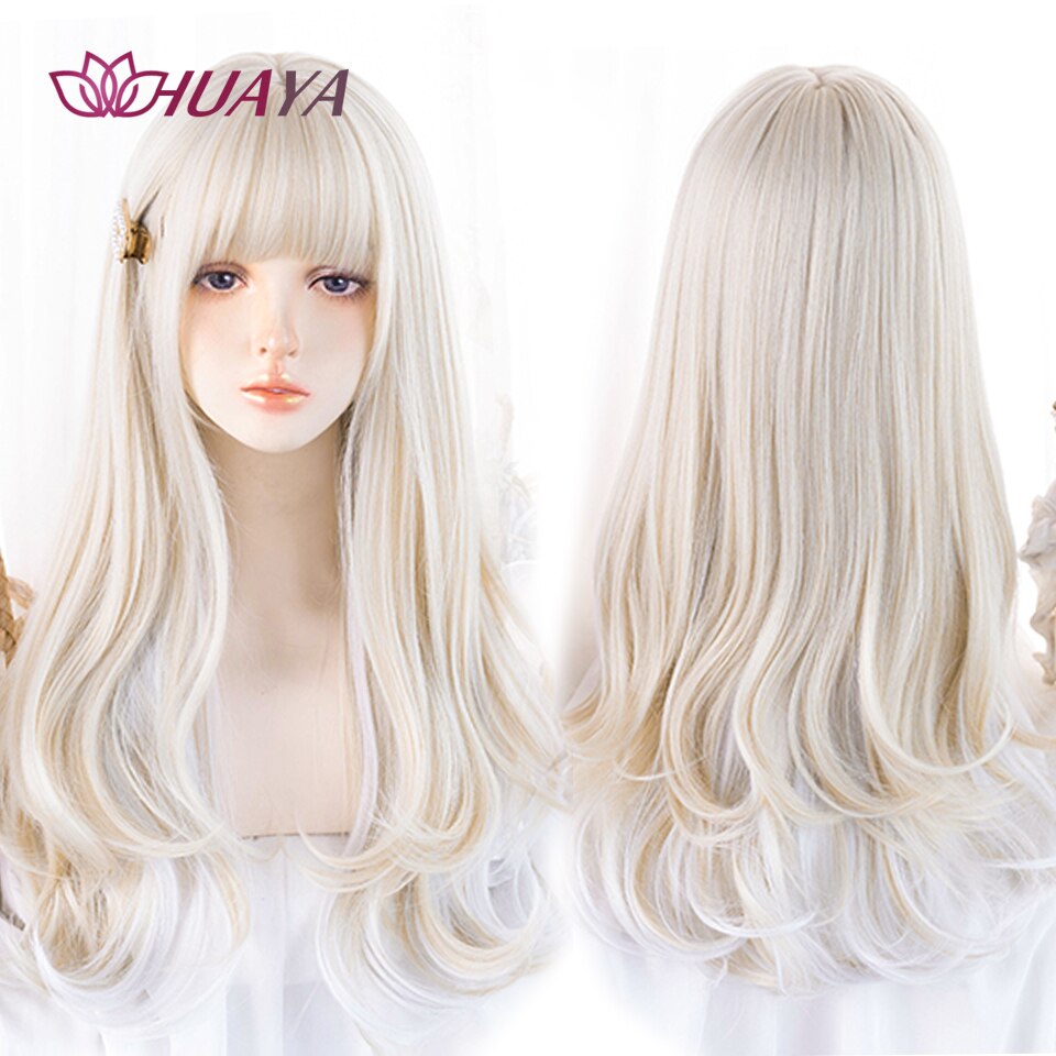 Long Straight Wig with Bangs Purple-White Heat Resistant Synthetic Hair Wigs for African American Girl Lolita Cosplay Wig