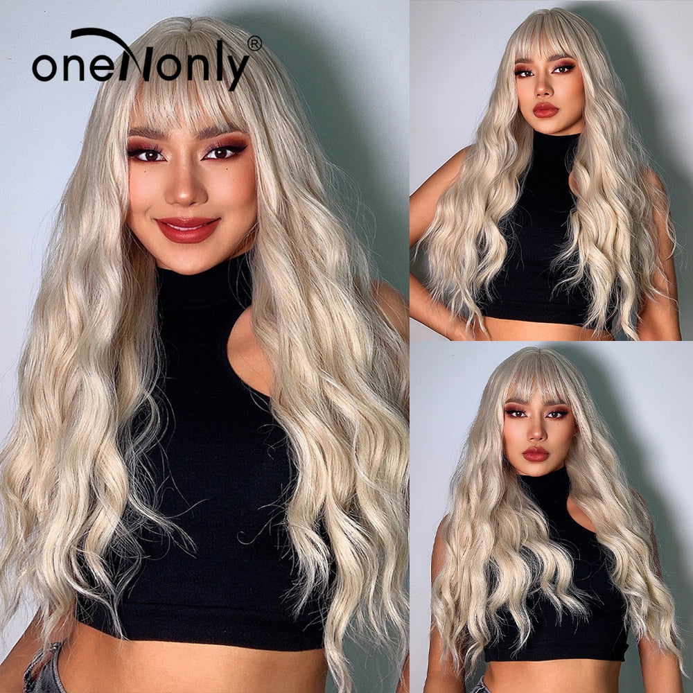 Purple Blue Wig with Bangs Long Wavy Cosplay Lolita Women Wigs Halloween Party High Temperature Hair