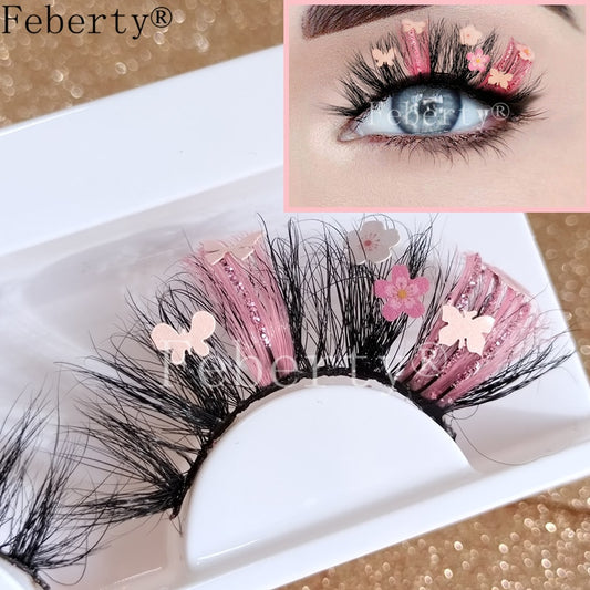 Fluffy lashes 25mm glitter Mink Lashes With Butterfly flowers yellow Pink Green Colorful Lashes Glitter False Eyelashes