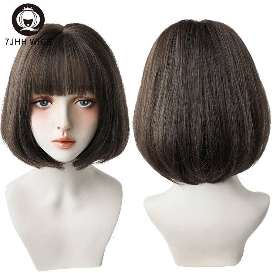 WIGS Black Short Bob Wig for Girl Daily Wear Synthetic Wig Natural Supple Summer Heat resistant Wig With Bangs
