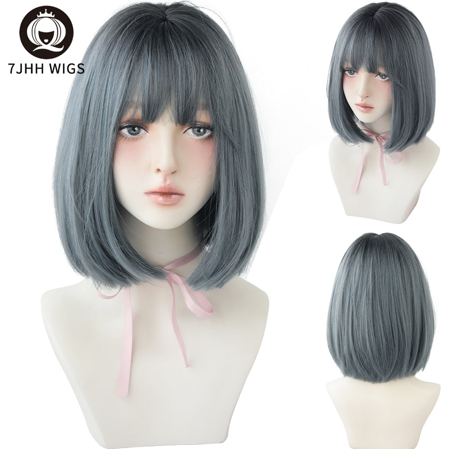 WIGS Black Short Bob Wig for Girl Daily Wear Synthetic Wig Natural Supple Summer Heat resistant Wig With Bangs