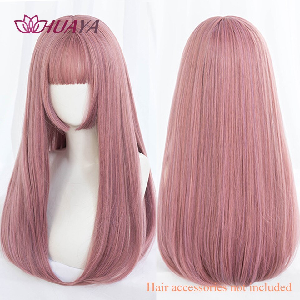 Long Straight Wig with Bangs Purple-White Heat Resistant Synthetic Hair Wigs for African American Girl Lolita Cosplay Wig