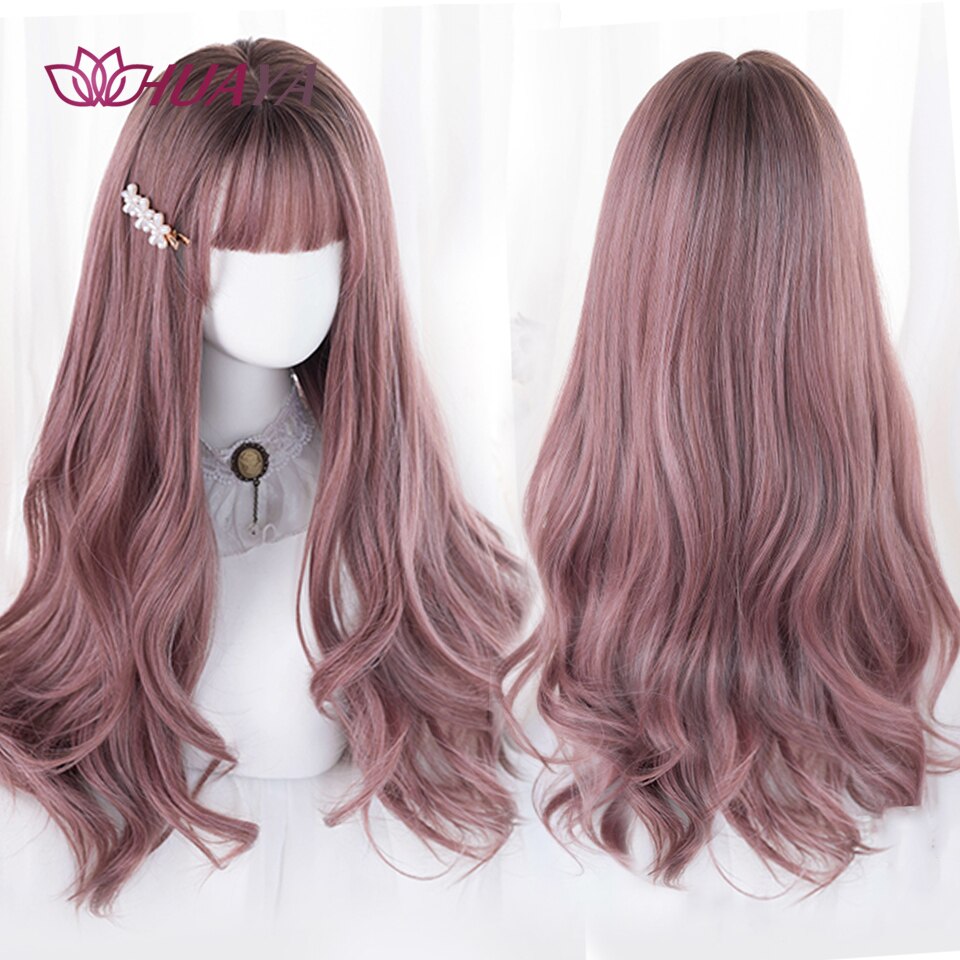 Long Straight Wig with Bangs Purple-White Heat Resistant Synthetic Hair Wigs for African American Girl Lolita Cosplay Wig