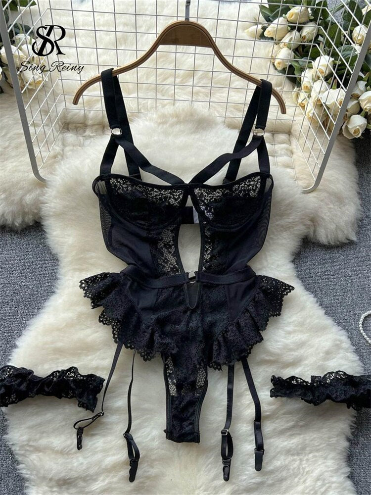 Women Erotic Sexy Lace Rompers Sleeveless Backless Slim Short Playsuit Transparent Underwear Hollow Out Mesh Bodysuits