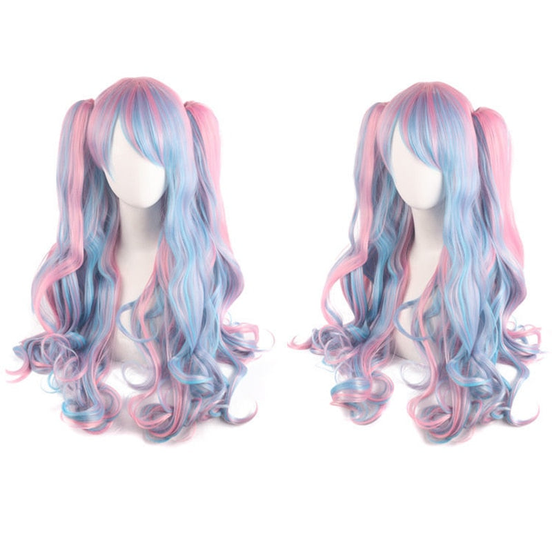 Ladies Long Lolita Double Ponytail Cosplay Synthetic Wig Half Black Half Red Halloween Gold Pink Red Halloween Party Wig