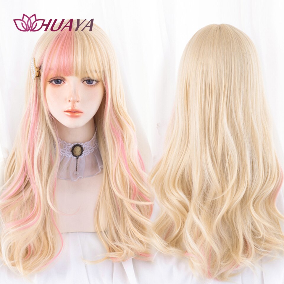 Long Straight Wig with Bangs Purple-White Heat Resistant Synthetic Hair Wigs for African American Girl Lolita Cosplay Wig