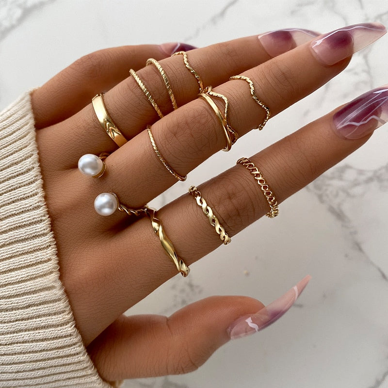 Boho Gold Color 22pcs Heart Rings Set For Women Vintage Geometric Cross Pearl Butterfly Finger Ring Women Jewelry