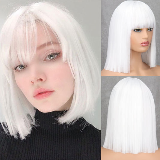 Synthetic Bob Wigs Short Bob Straight Wig With Bangs for Women White Wig for Party Daily Use Shoulder Length