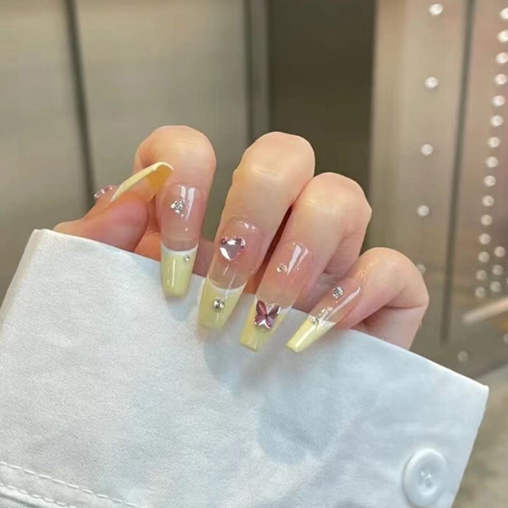 24pcs/Box Glitter Coffin False Nails Pink/White Heart Design French Ballerina Fake Nails Full Cover Nail Tips Press On Nails