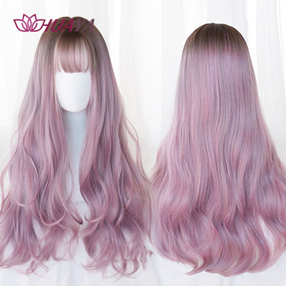 Long Straight Wig with Bangs Purple-White Heat Resistant Synthetic Hair Wigs for African American Girl Lolita Cosplay Wig