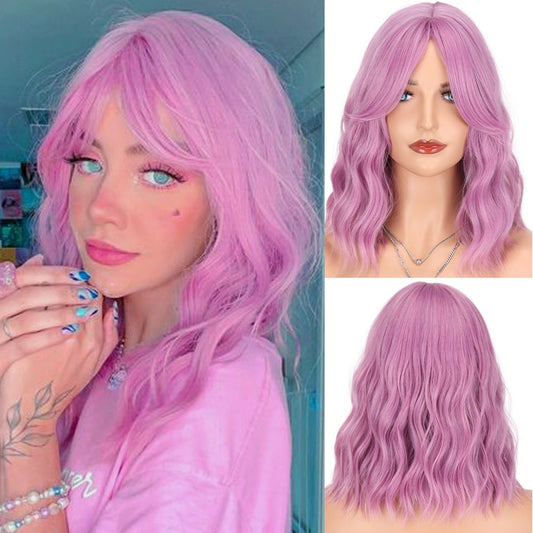 Synthetic Wavy Bob Wigs 14Inch Cosplay Medium Wig With Bangs Natural Hairline Orange Purple Pink Blue Wigs For Women