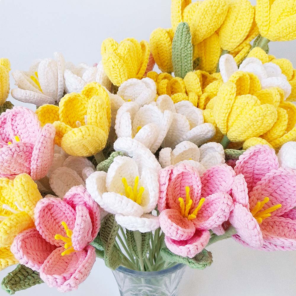 Finished Hand-Knitted Tulips Bouquet Handmade Crochet Fake Flowers for Home Decorate Handmade