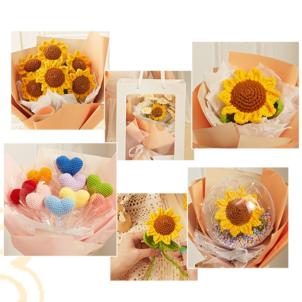 10pcs Hand-knitted Yarn Crochet Sunflower Bouquet Handmade Daisy Tulip Rose Decorative Home Creative Decorate