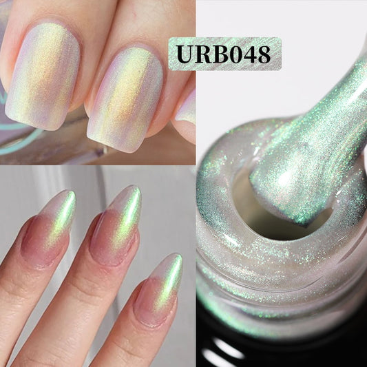 Aurora Rubber Gel Nail Iridescent Pearl Effect Metallic Mirror Nails Manicure Soak Off UV LED No Wipe Top Coat Base Gel