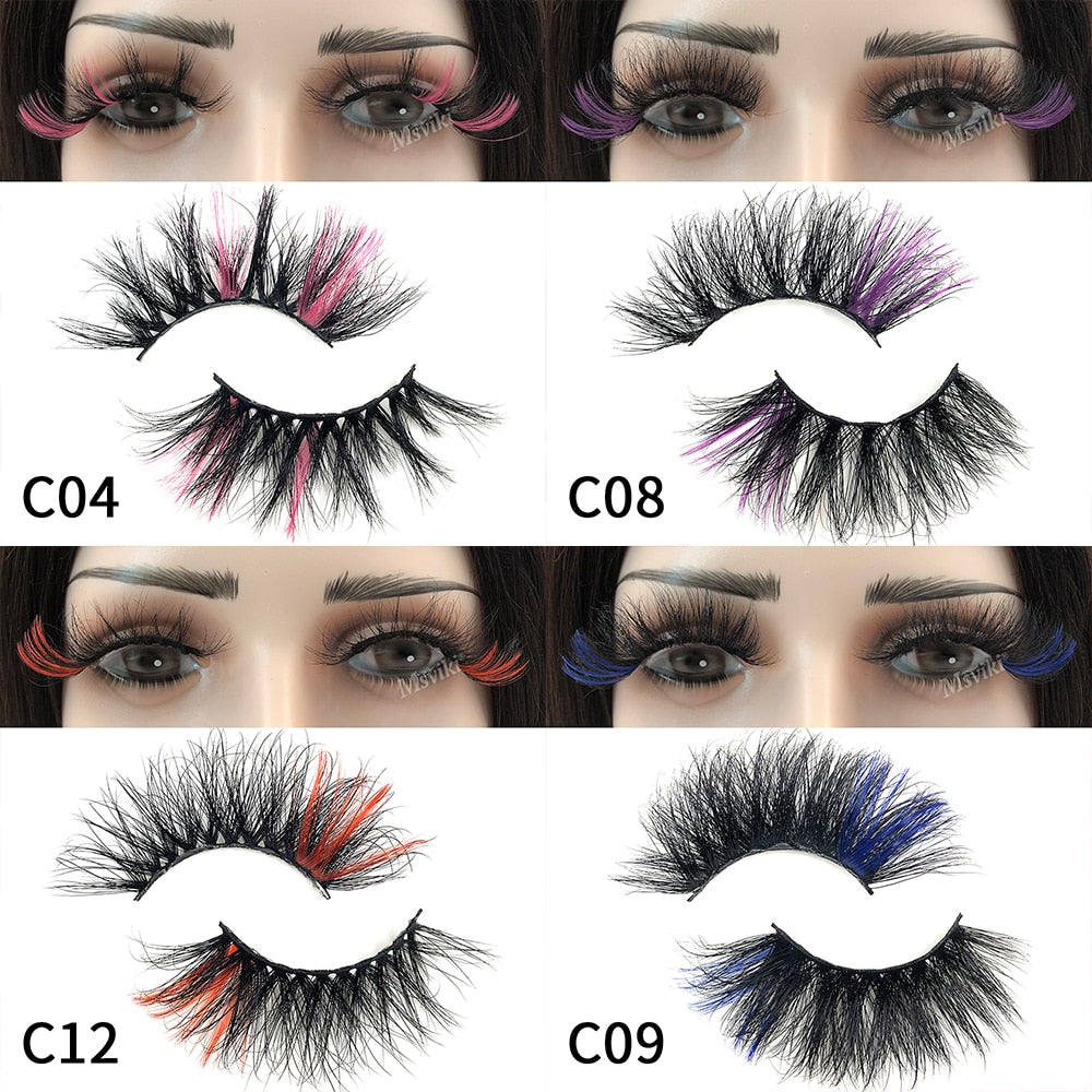 Fluffy 25MM Mink Eyelashes Colored Lashes With Glitter Pink White Red Blue 5D Lashes