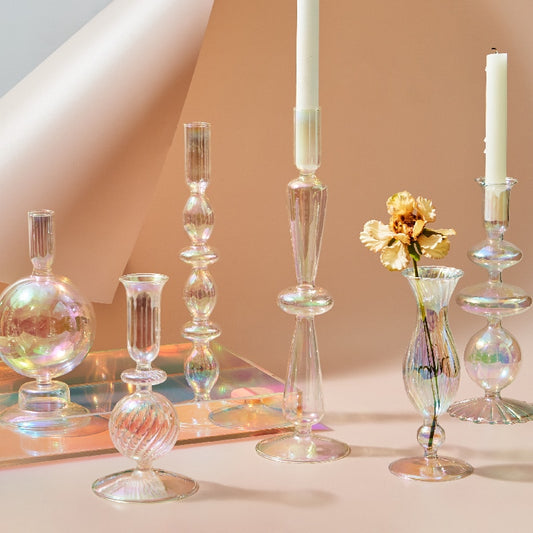 Iridescent Candle Holders Rainbow Nordic Home Gift Dining Table Decor Glass
