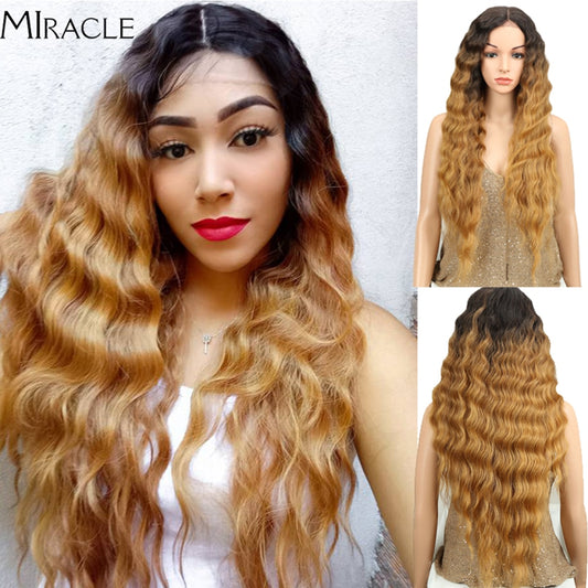 Synthetic Lace  Wig For Women Deep Wave Curly Wig Blonde Cosplay Wig 30 Inch Ombre Lace Wigs Fiber Miracle