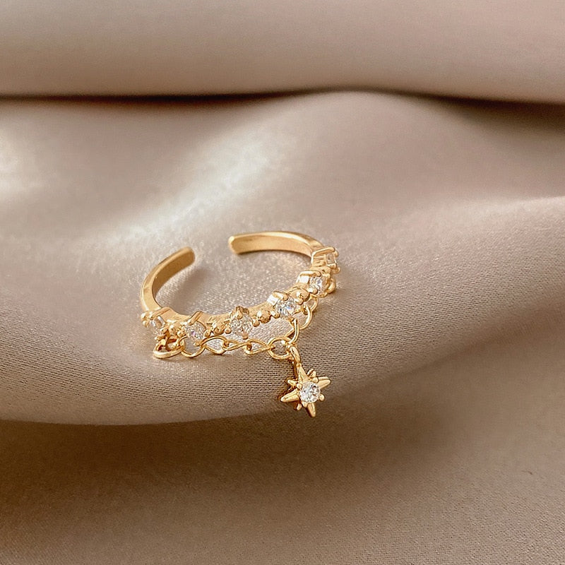 Winter Hexagram Women Rings 14k Gold Finishes Adjustable Tassels Cute Romantic Gifts