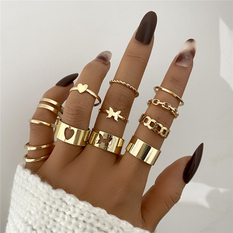 Boho Gold Color 22pcs Heart Rings Set For Women Vintage Geometric Cross Pearl Butterfly Finger Ring Women Jewelry