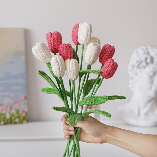 Knit Flowers Tulips Daisy Bellflower Hand-Knitted Fake Flowers Bouquet Homemade Finished Fake Flower Home Decorate Gift