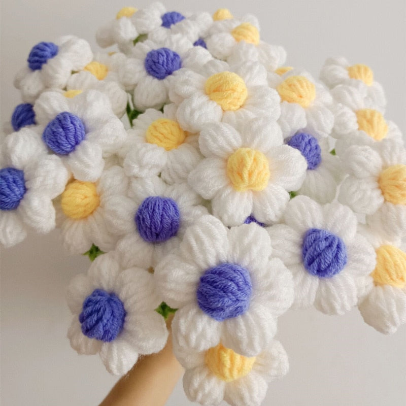 Finished 10pcs Hand-knitted Handmade Yarn Crochet Sunflower Bouquet Decorative Artificial Daisy Flowers Home Decoration