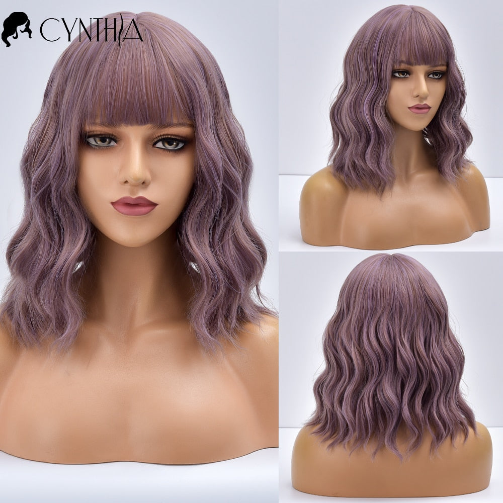 Ombre Blonde Short Bob Synthetic Wig For Women With Bangs White Gold Body Wave Cosplay Lolita Natural Heat Resistant Hair