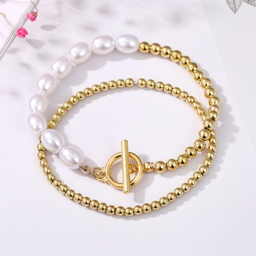 Bohemian Gold Color Angel Bracelets for Women Boho Jewelry Geometric Layered Pearl Hand Chain Charm Bracelet Set