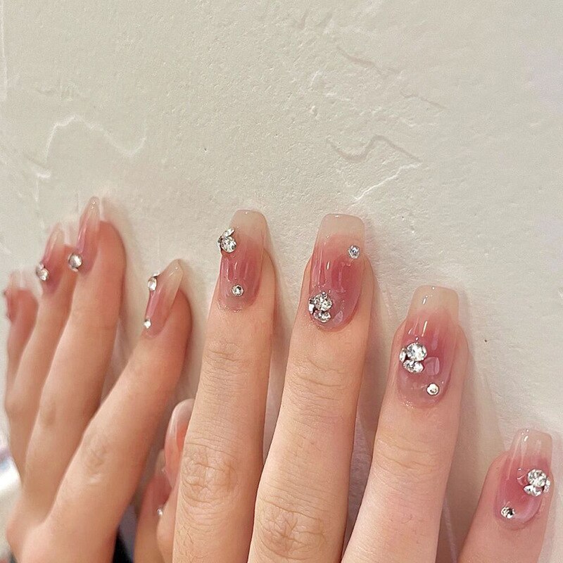 24pcs Long gradient nude false nail with glue simple artifical press on nails acrylic nails natural stick on nails set
