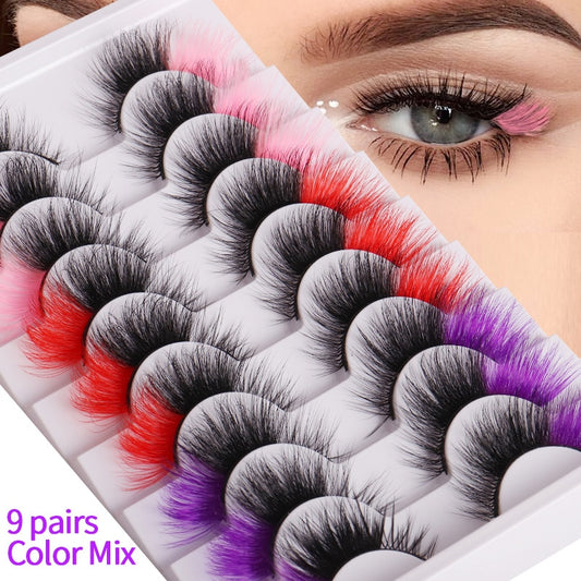 3d Mink Lashes 3/9Pair Colored Lashes 100% Fluffy Mink Lashes Mix Colored Eyelashes Pink Blue Red False Eyelashes