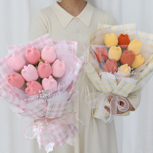 1pcs Knitting Flower Tulips Daisy Hand-Knitted Fake Flowers Bouquet Homemade Finished Fake Flower Home Decorate Gift