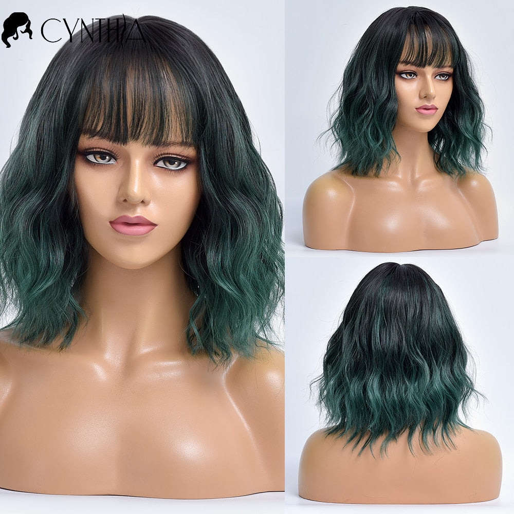 Ombre Blonde Short Bob Synthetic Wig For Women With Bangs White Gold Body Wave Cosplay Lolita Natural Heat Resistant Hair