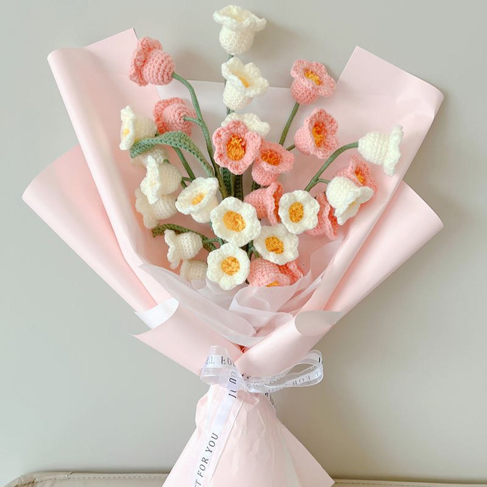 5pcs Finished Handmade Hand-knitted Yarn Crochet Lily of the Valley Artificial Flowers Bouquet Birthday Gift Home Decor