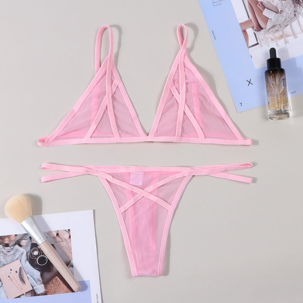 Women Lace Sensual Lingerie Set Sexy Dot Thong Erotic Underwear Mesh See Through Heart Ring Bra Bandage G-string Panties Suit