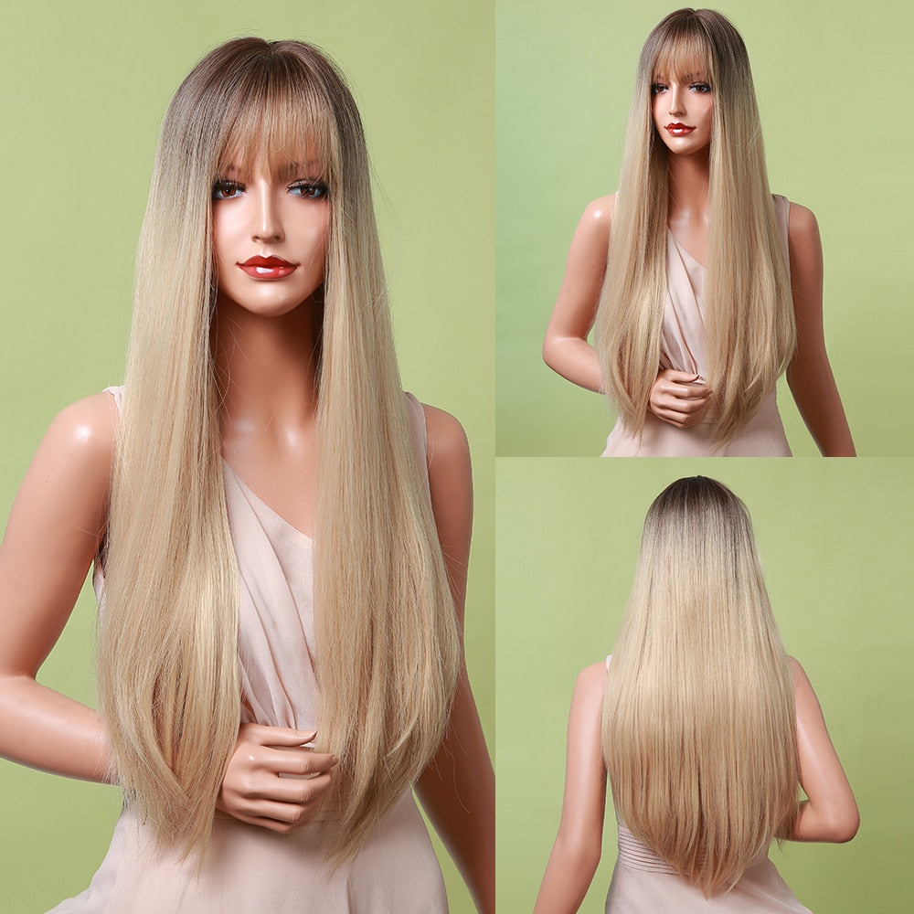 Long Straight Synthetic Wig Ombre Brown Blonde Golden Heat Resistant Wigs Cosplay Party Hair Wig