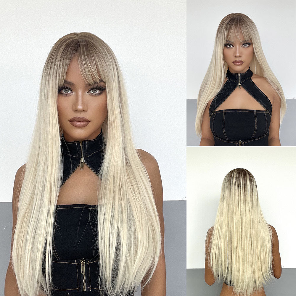 Long Straight Synthetic Wig Ombre Brown Blonde Golden Heat Resistant Wigs Cosplay Party Hair Wig