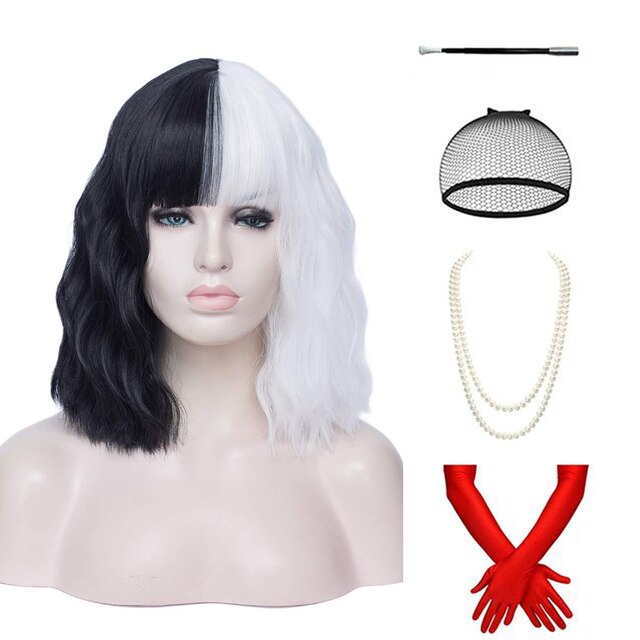 Anime Cruella De Vil Short Cruly Half Black And Half White Wavy Band Bangs Ladies Cosplay Wig Synthetic Halloween Wig + Wig Cap