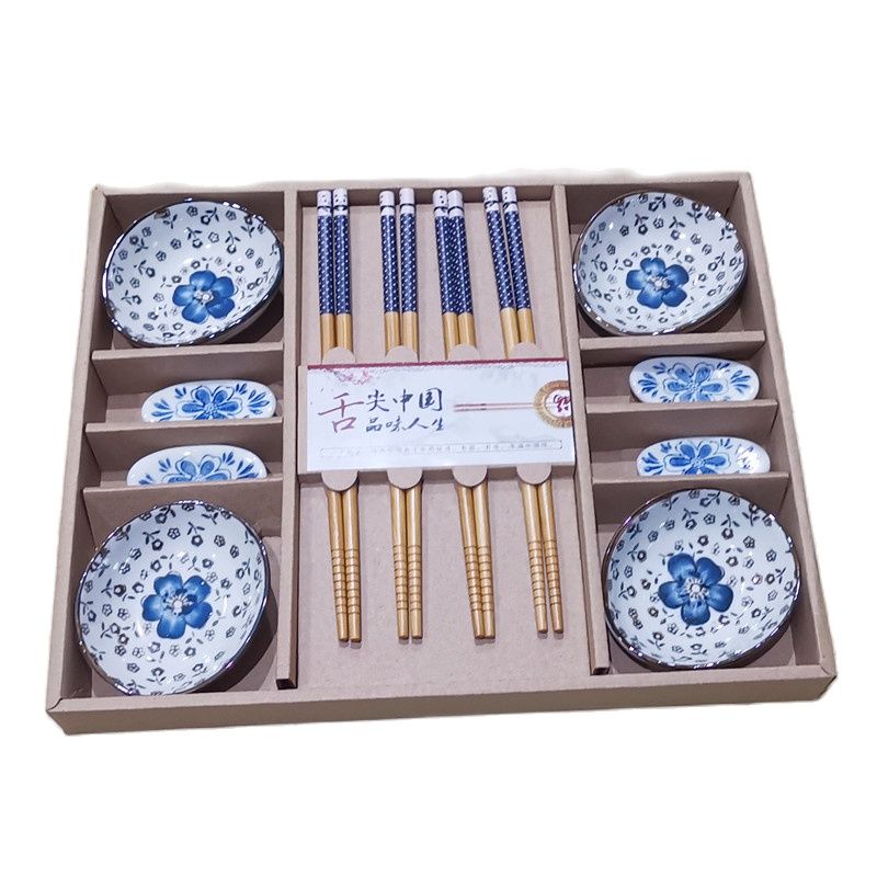 Japanese Style Cherry Blossom Ceramic Sushi Dishes Sashimi Soysauce Dish Blue Dinnerware Set Tableware Set Box (12pcs/set)