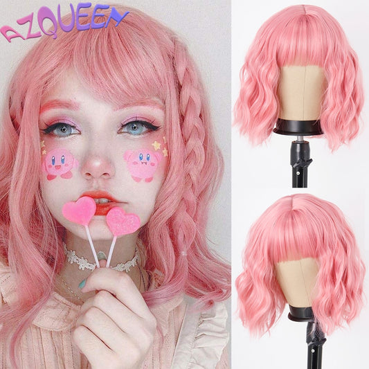 Synthetic Wig Short Bob Pink Wig with Bangs for Women Black Blonde Ombre Wave Natural Bob Wavy Wigs Heat Resistant False Hair