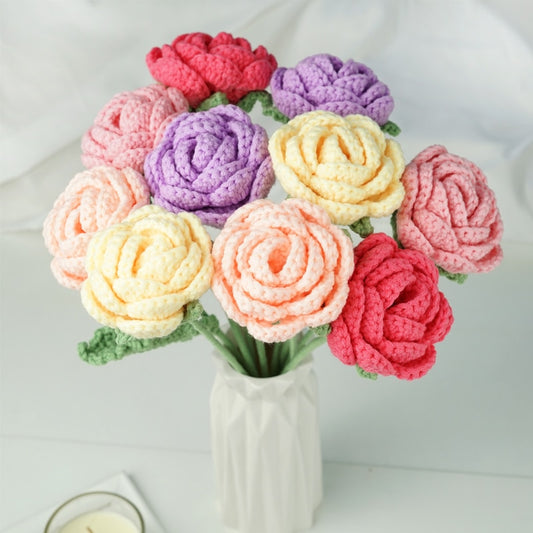 10pcs Finished Yarn Rose Artificial Flowers Hand-knitted Crochet Decorative Home Decoration Lovers Family Gift