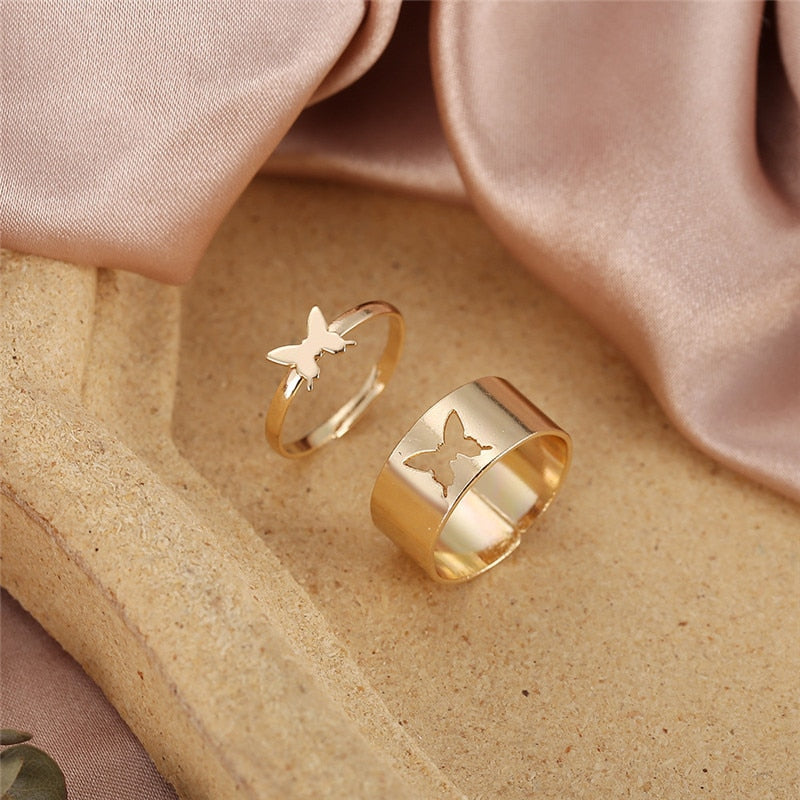Vintage Bohemian Butterfly Gold Color Ring Sets Zircon Flower Leaf Open Rings for Women Simple Knuckle Accessories