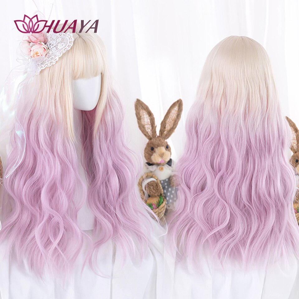 Long Straight Wig with Bangs Purple-White Heat Resistant Synthetic Hair Wigs for African American Girl Lolita Cosplay Wig
