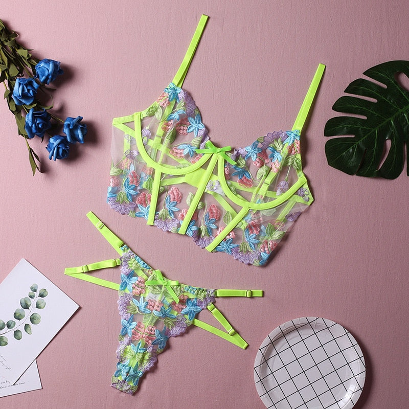 Luxury Lingerie Sexy Floral Embroidery Set Woman 2 Pieces Underwire Bra Thongs Exotic Intimate Neon Green Underwear
