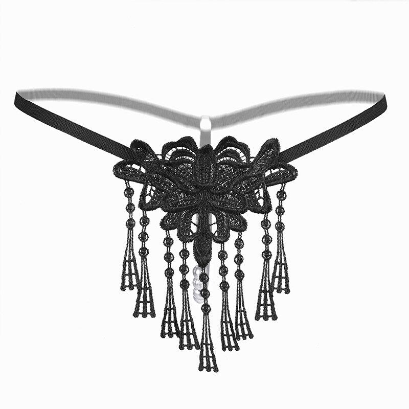 Pearl Massage Sexy Thong Hot Lace Embroidery Transparent Panties Women Sexy Lingerie Low Waist Hollowed Out T-back Femme Tangas