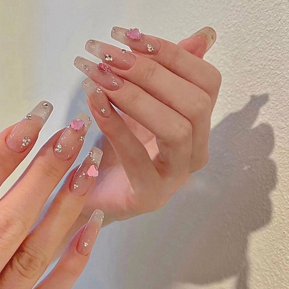24pcs/Box Glitter Coffin False Nails Pink/White Heart Design French Ballerina Fake Nails Full Cover Nail Tips Press On Nails