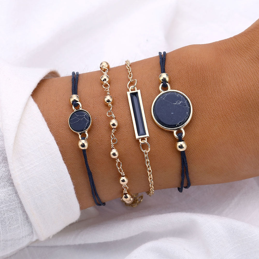 4Pcs/Set Geometric Crystal Charm Bracelets for Women Leaf Bangles Bracelets Set Wrist Chain Boho Bracelet