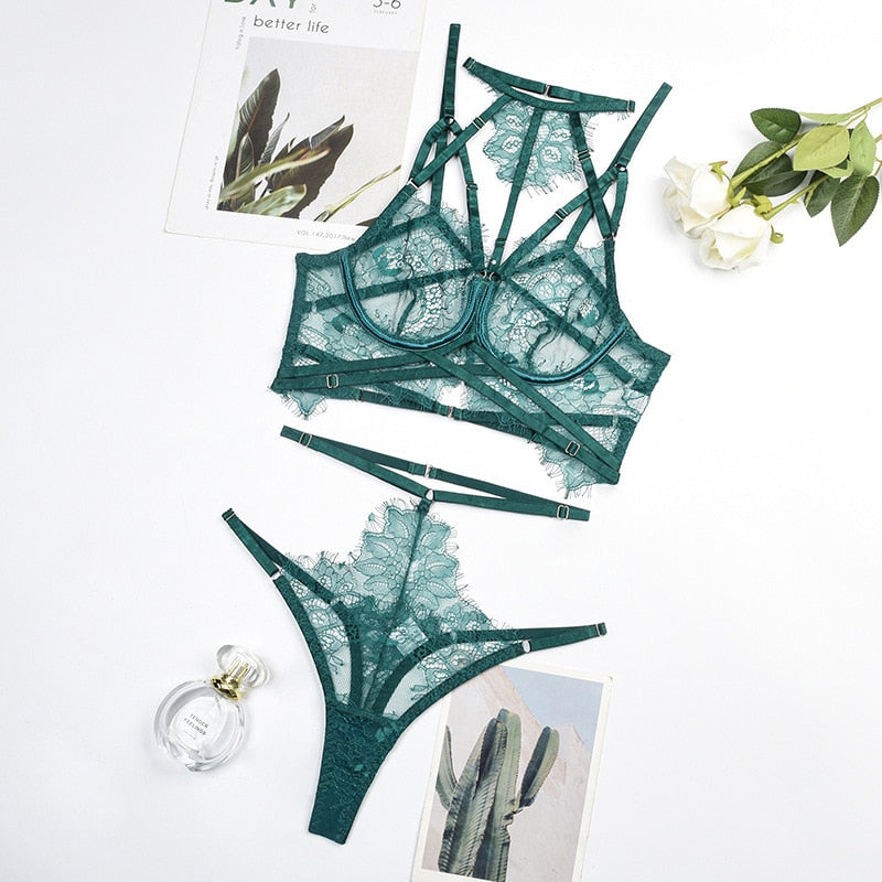 Fancy Lingerie Sissy Lace Underwear Bandage Set Women 2 Piece Seamless Halter Bra Luxury Bilizna See Through Outfit