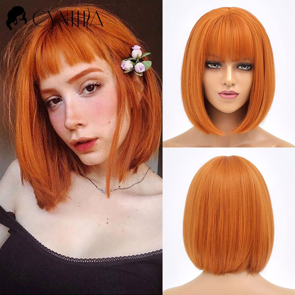 Green Short Bob Hair Synthetic Wig For Woman With Bangs Blonde Ombre Pink Cosplay Lolita Party Heat Resistant Daily Natural Hair
