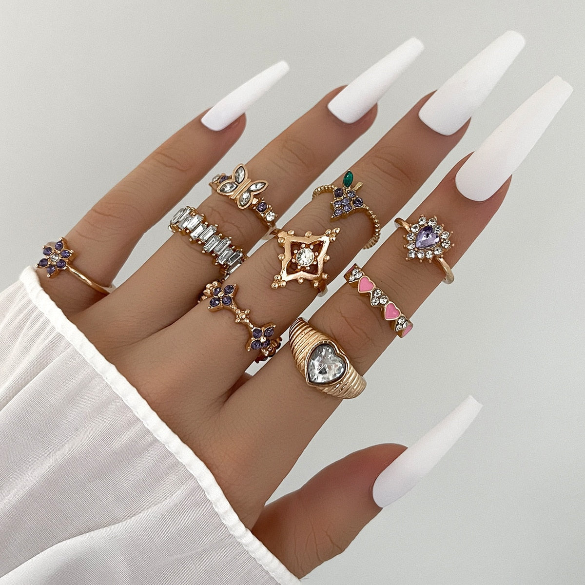 Vintage Boho Crystal Butterfly Flower Rings Set For Women Elegant Geometric Leaf Chain Tassel Knuckle Finger Rings Party Jewelry