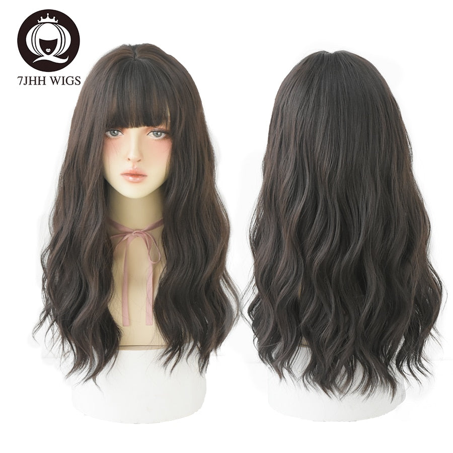 Blue Deep Wave Wig With Bangs Long Omber Brown Hair Layered Heat Resistant Cosplay Party Synthetic Wig