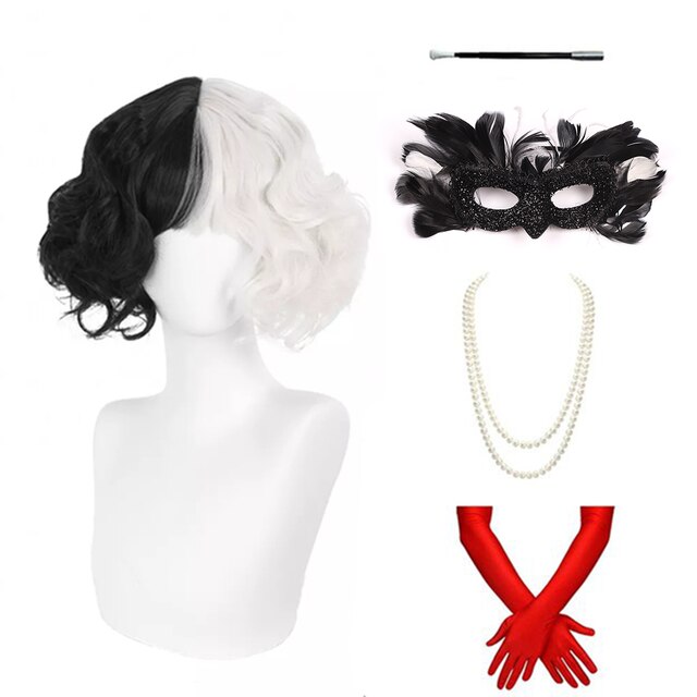 Anime Cruella De Vil Short Cruly Half Black And Half White Wavy Band Bangs Ladies Cosplay Wig Synthetic Halloween Wig + Wig Cap